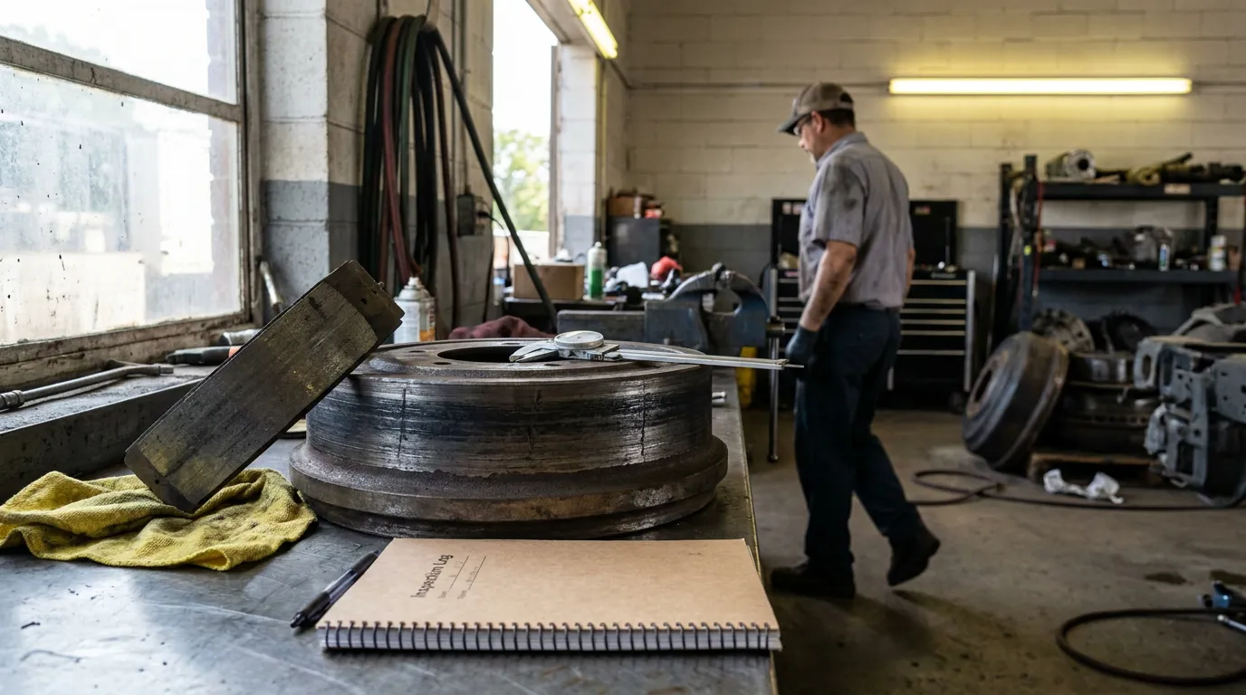 mechanic in industrial shop beside large metal drum with inspection log notebook