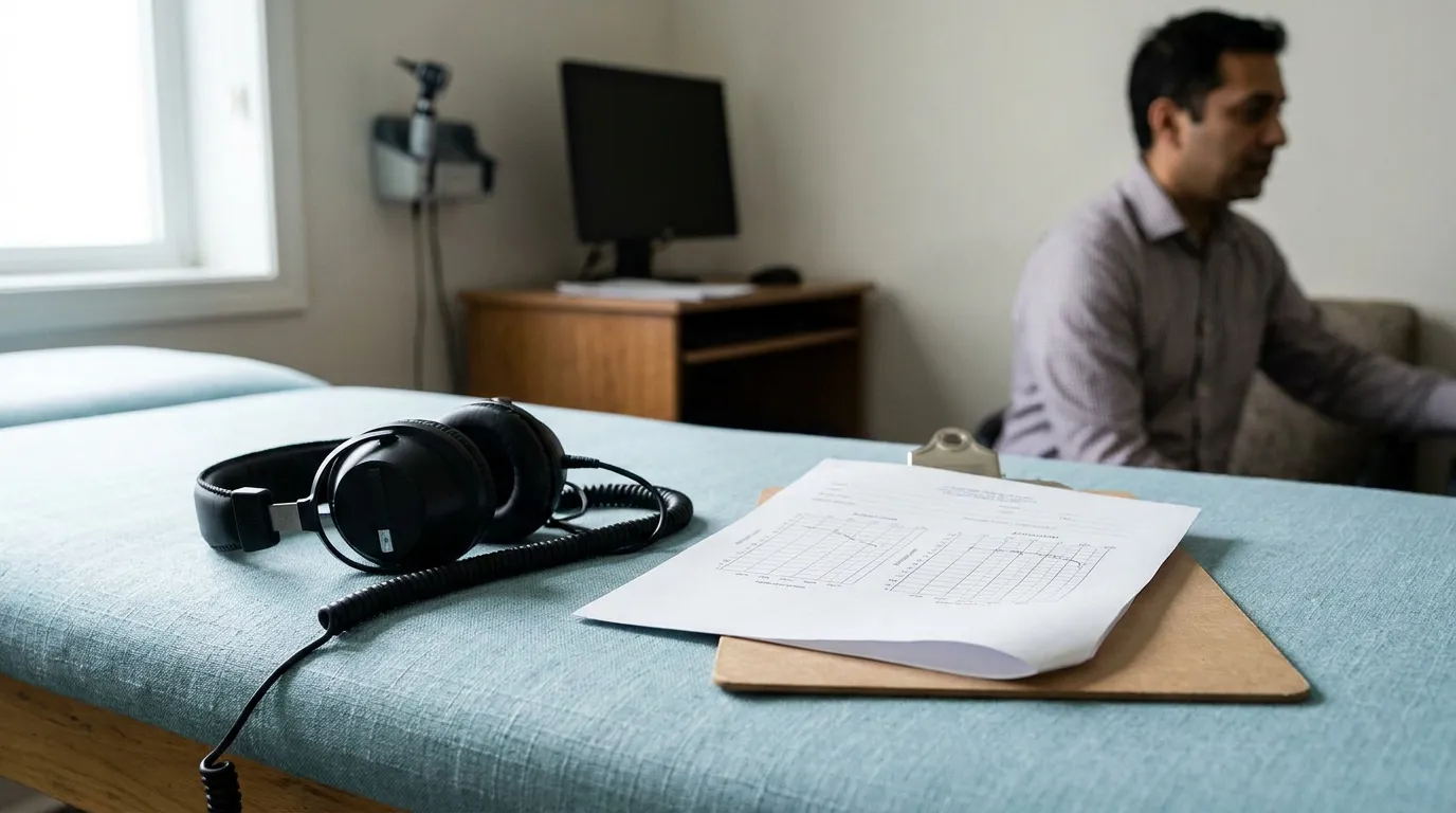 audiometric headphones and hearing test chart on medical exam table with patient