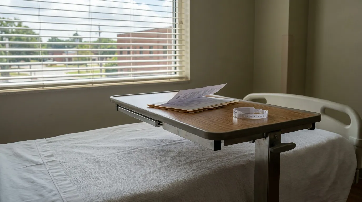 Atlanta Hospital Bed Lien Documents Georgia empty hospital bed with overbed tray holding medical documents and patient wristband