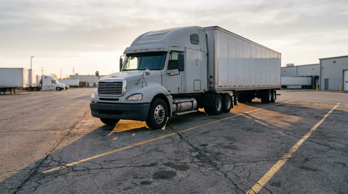 Houston 18-Wheeler Truck Freight Broker Liability semi-truck with enclosed trailer parked in commercial lot near warehouse facility