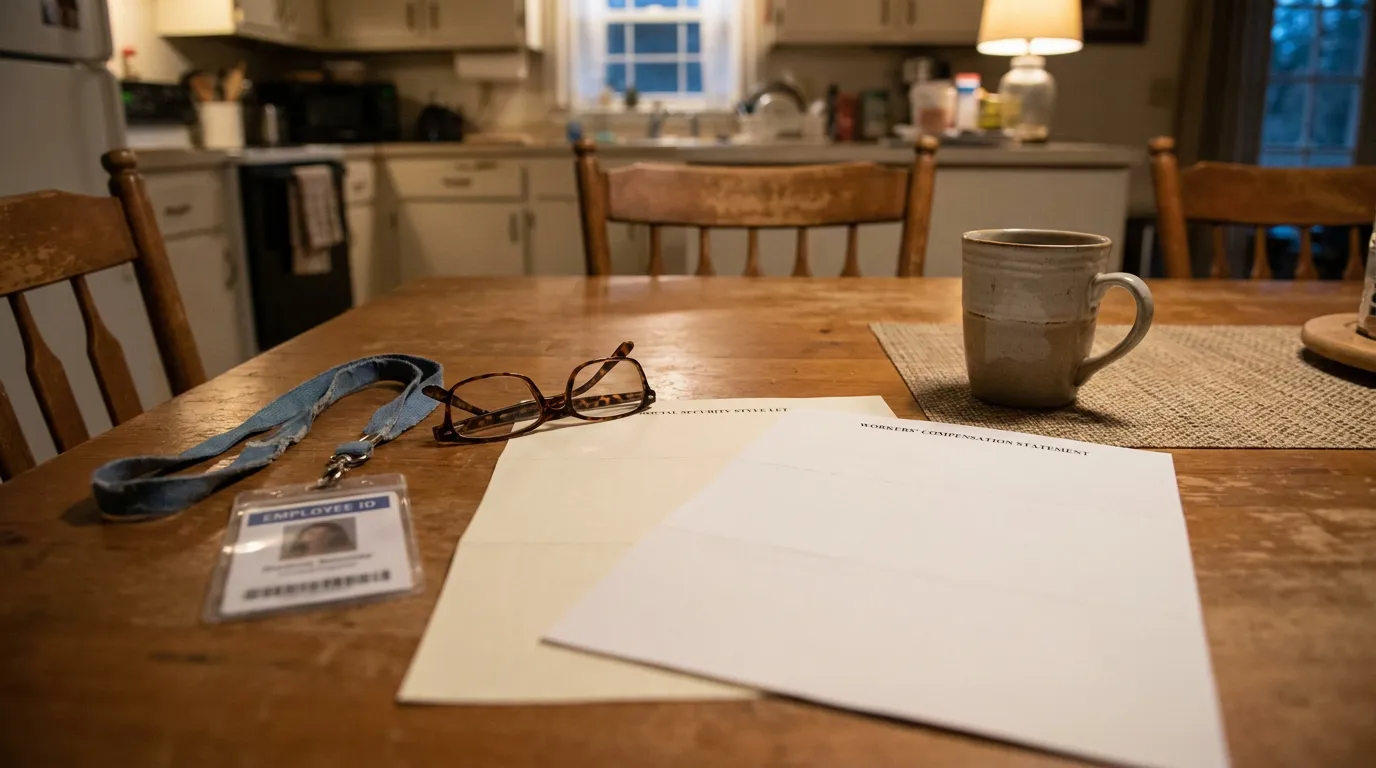 Workers' compensation statement and employee ID badge on kitchen table with glasses