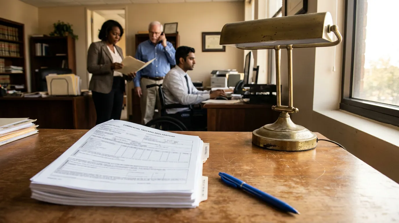 Commercial Trucking Declarations documents on law office desk with legal professionals