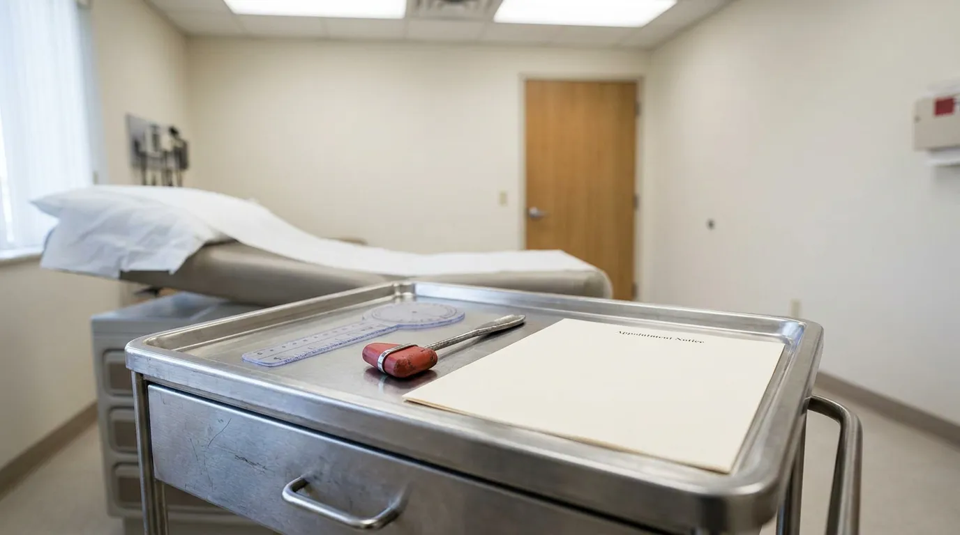 Atlanta Independent Medical Exam Room Workers Comp medical exam room with reflex hammer, goniometer, and appointment notice on steel tray