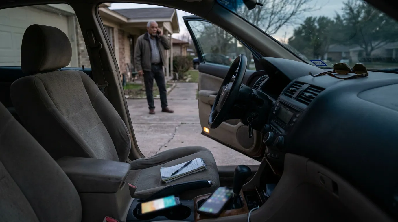 Houston Driver On Phone With Insurance Adjuster man talking on phone outside vehicle with notepad and phones on seat