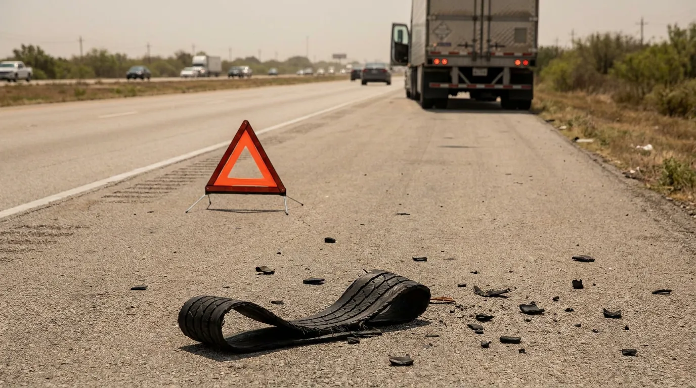 Truck Tire Blowout Debris On Houston Highway shredded tire debris on highway with triangular warning triangle and semi-truck