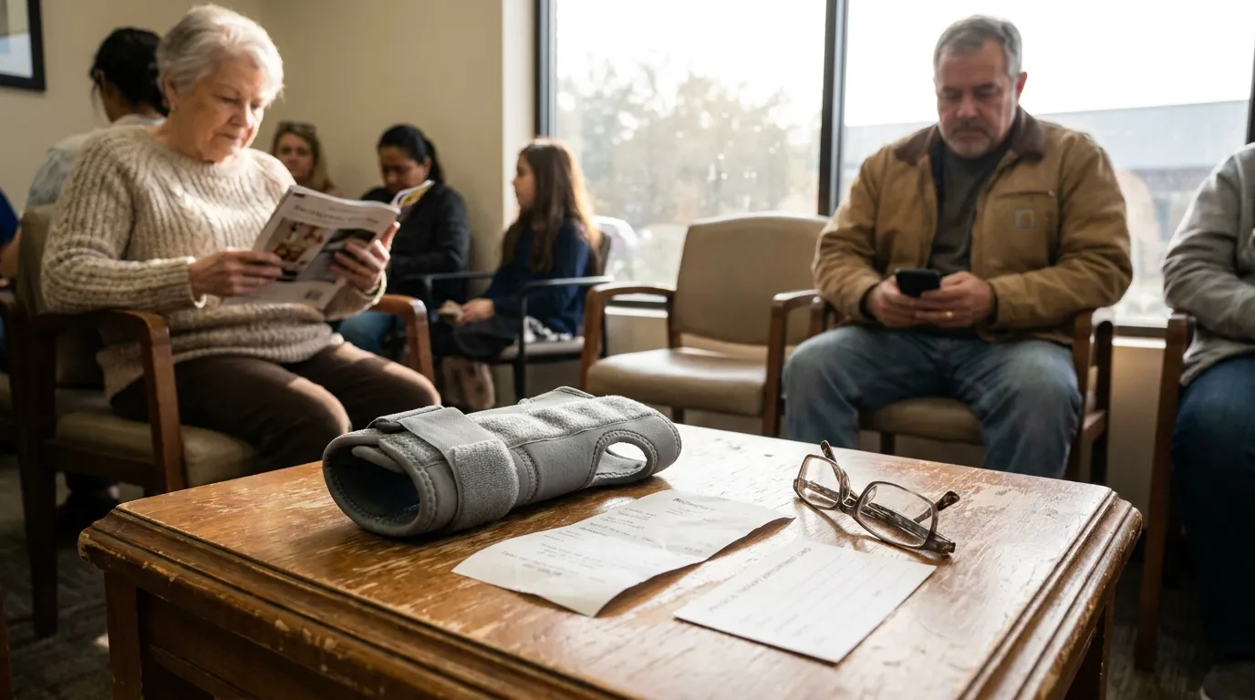 medical waiting room with wrist brace, paperwork, and eyeglasses on table