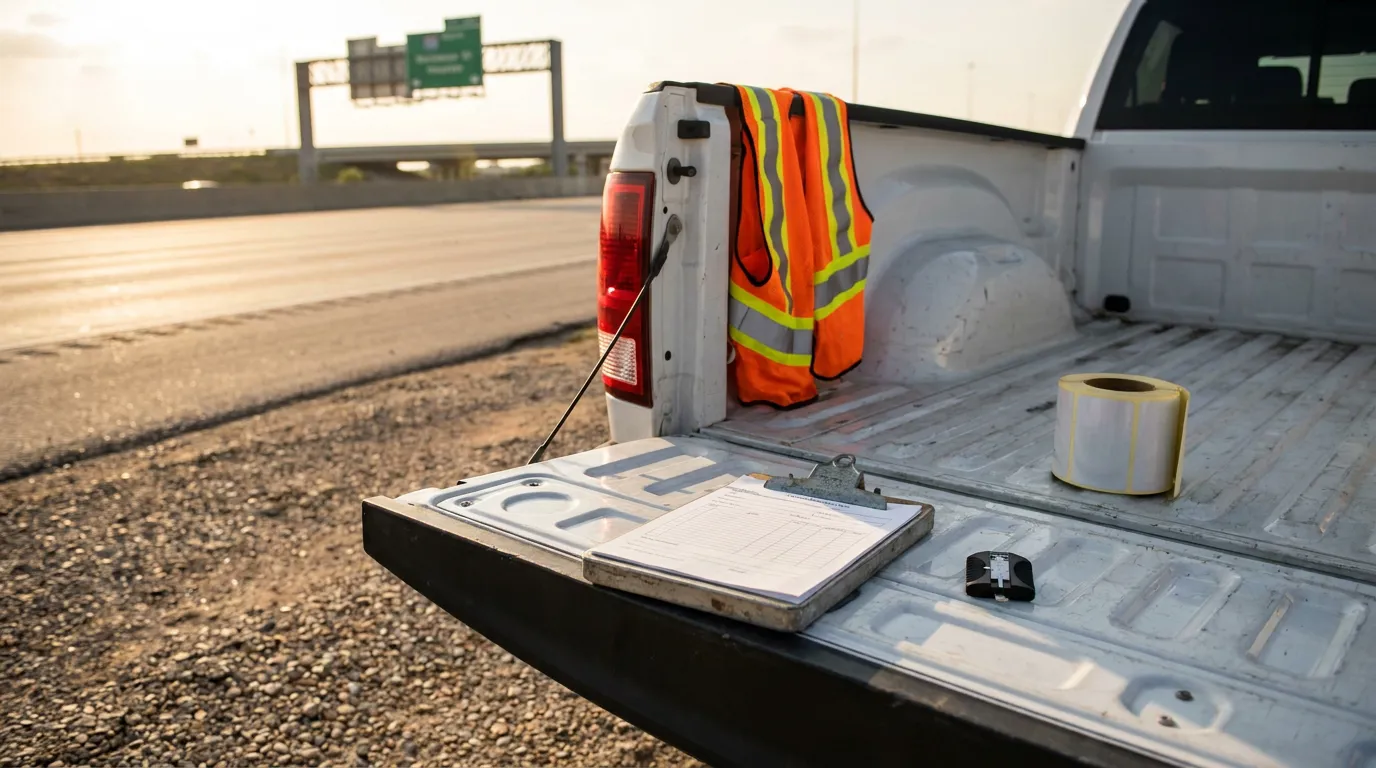 Houston Truck Accident Inspection Safety Vest Clipboard clipboard with form and safety vest on pickup truck bed near highway