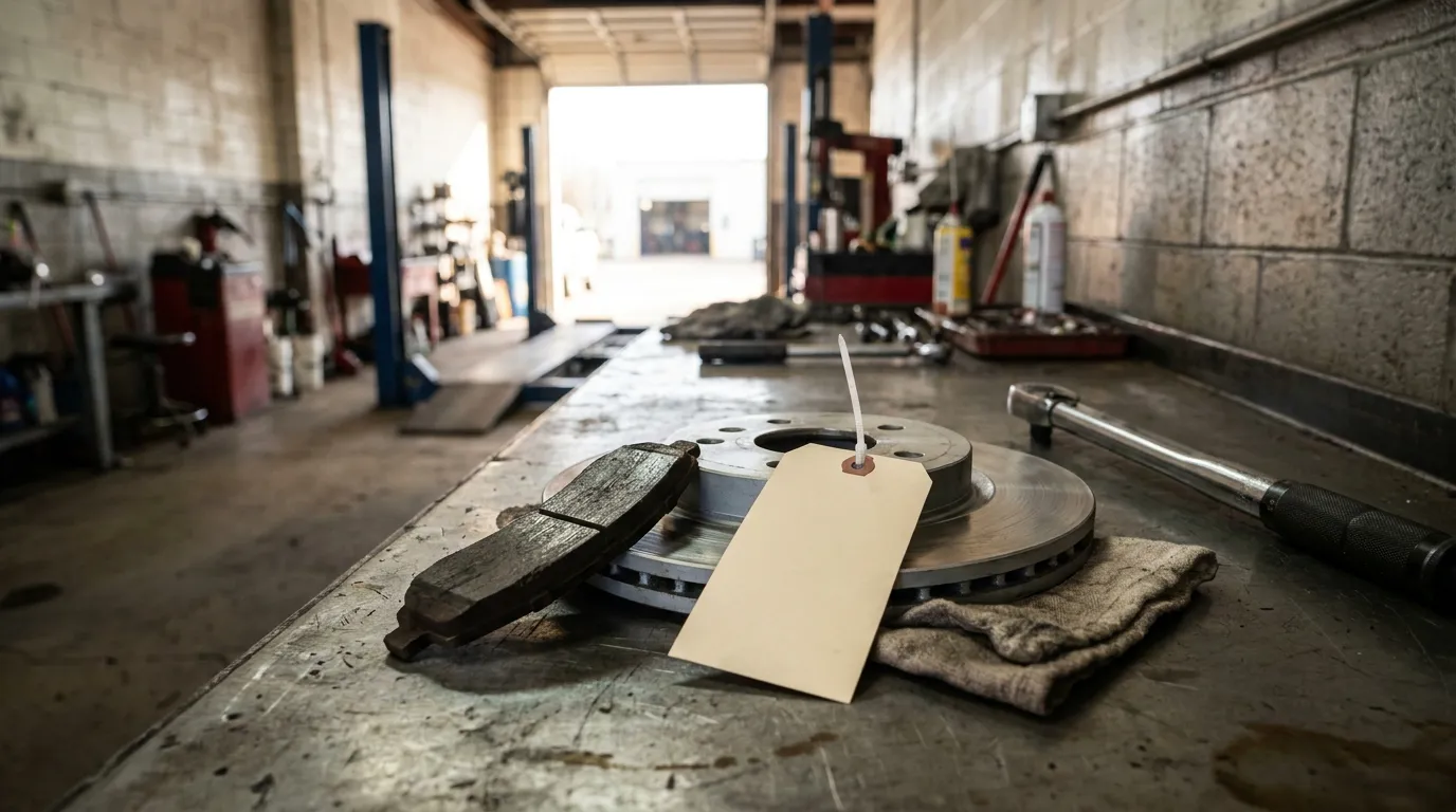 brake rotor, worn brake pad, blank tag, and ratchet on auto repair shop workbench