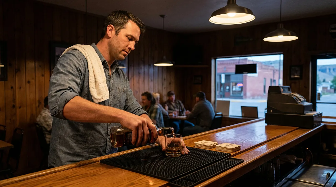 bartender pouring liquor bottle into glass at wooden bar counter with patrons seated