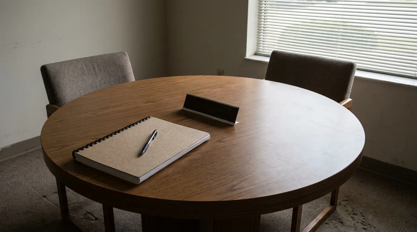 round wooden conference table with spiral notebook, pen, and nameplate