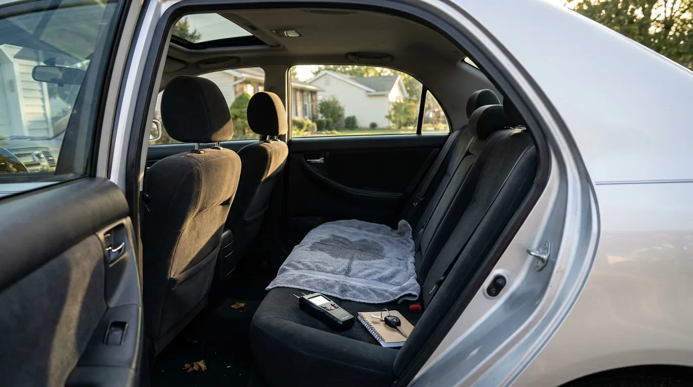 sedan rear interior with towel, notebook, car keys, and device on seat