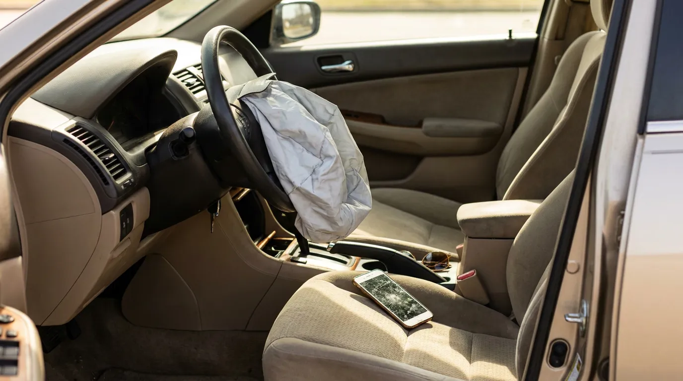 Deployed Airbag After Atlanta Car Accident deployed airbag on steering wheel with cracked smartphone on passenger seat