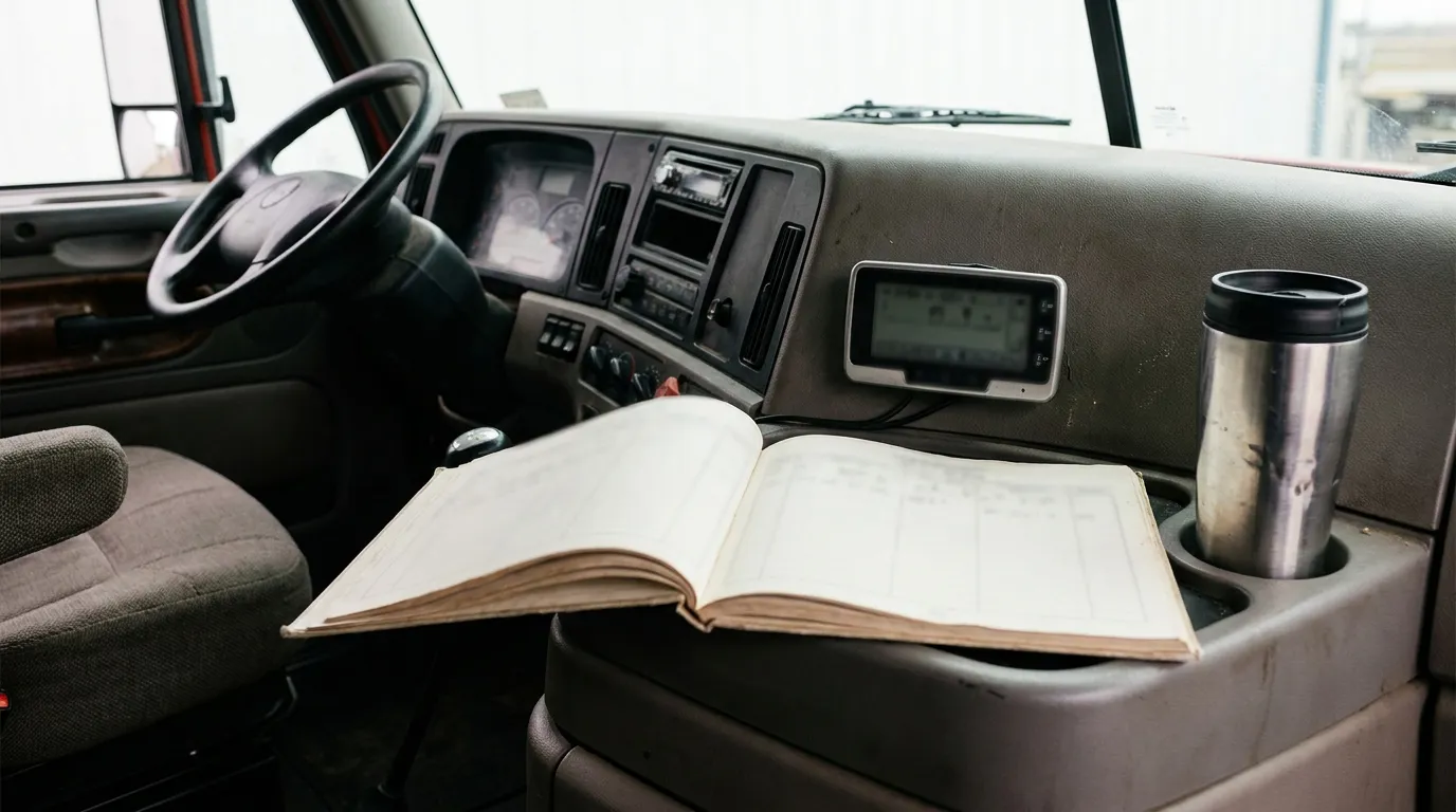 Truck Driver Logbook Hours Of Service Pennsylvania open logbook resting on commercial truck dashboard beside travel mug