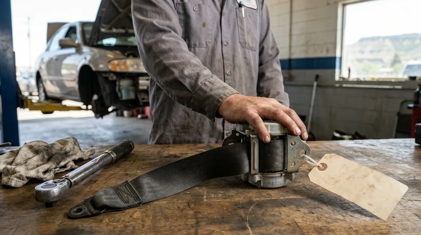 Montana Mechanic Inspecting Seat Belt Evidence mechanic examining removed seat belt retractor with evidence tag in auto repair shop