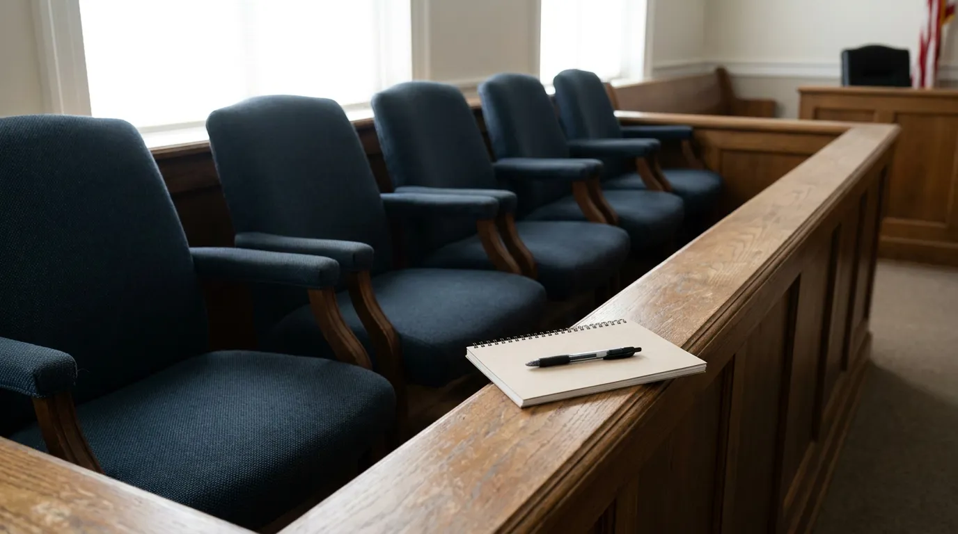 Dalton Georgia Courtroom Jury Box Seat Belt Trial empty jury box with wooden railing, chairs, spiral notebook, and pen