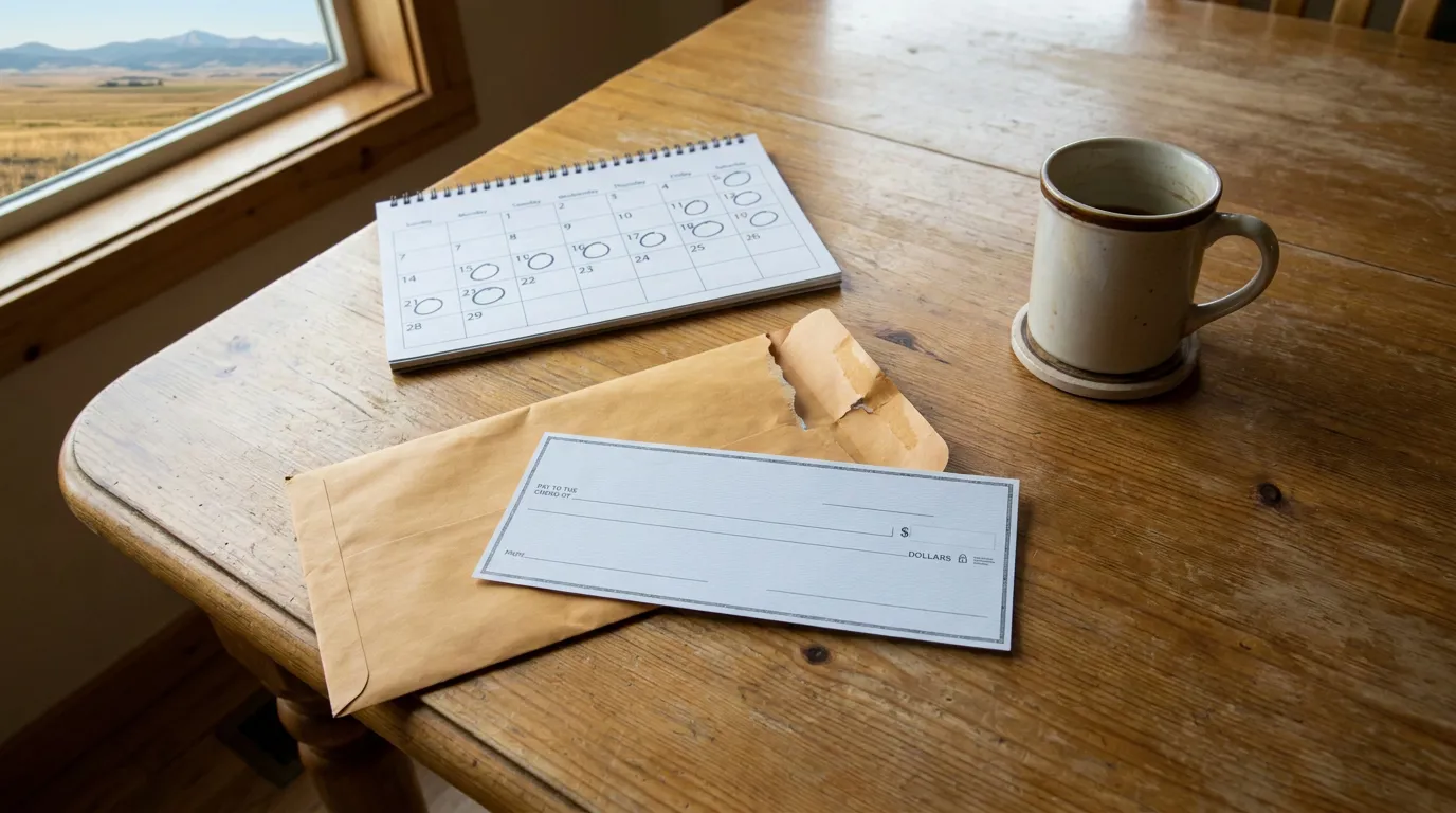 blank check removed from torn envelope beside spiral calendar on wooden table