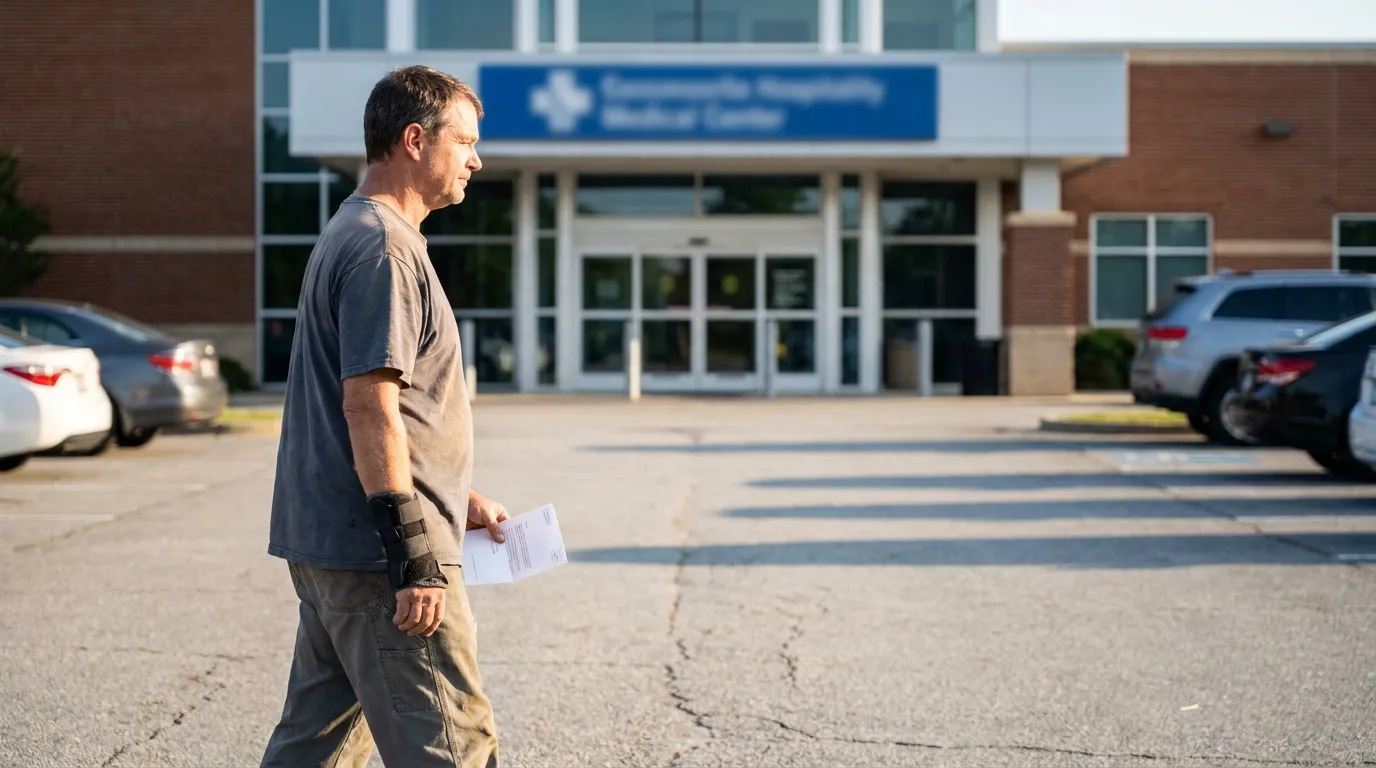 Injured Worker Arriving For IME Appointment Atlanta man holding medical documents walking outside Summerville Baptist Medical Center entrance