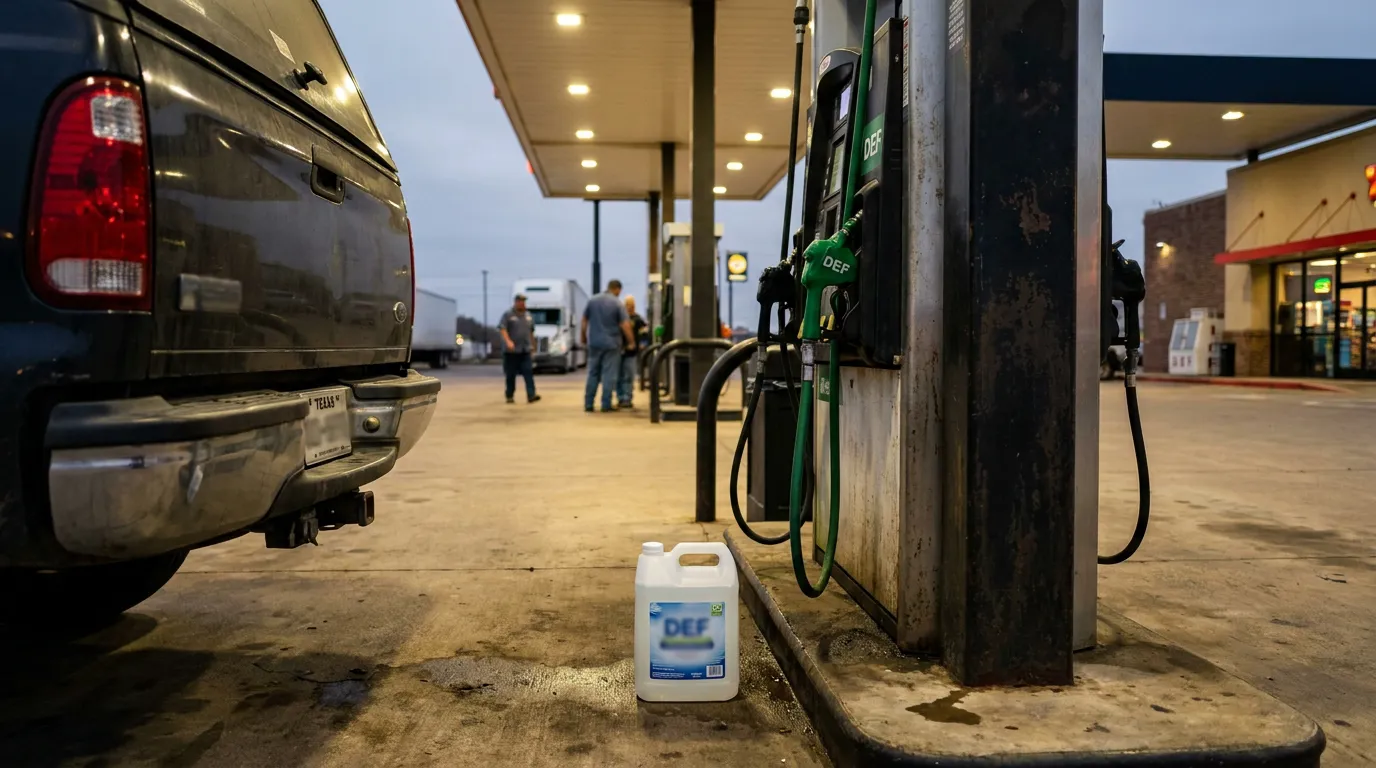 DEF fluid jug on ground beside DEF fuel pump at truck stop station