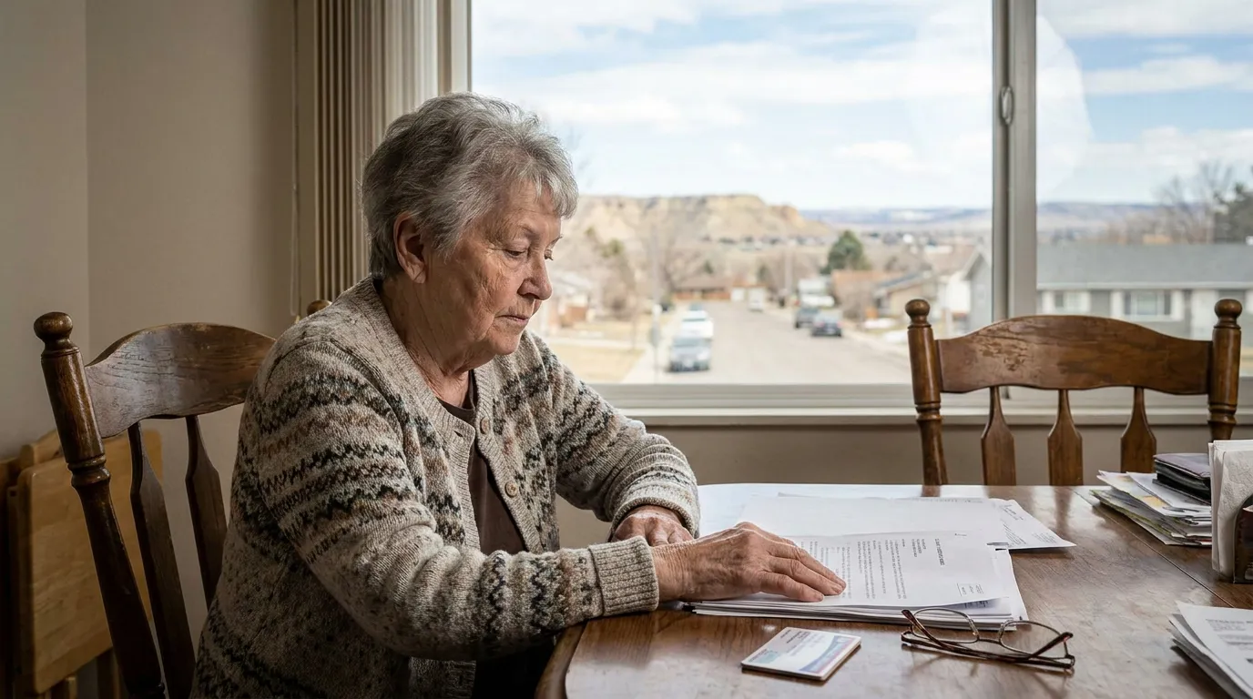 elderly woman reviewing documents and papers at home dining table
