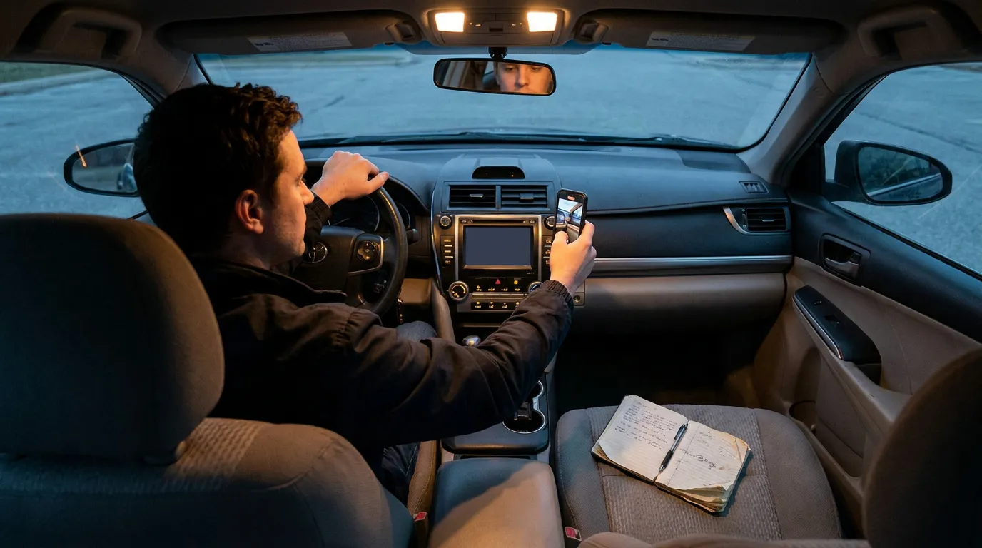 Ohio Driver Photographing Blank Infotainment Screen Failure driver holding mobile phone while gripping steering wheel with notepad on passenger seat