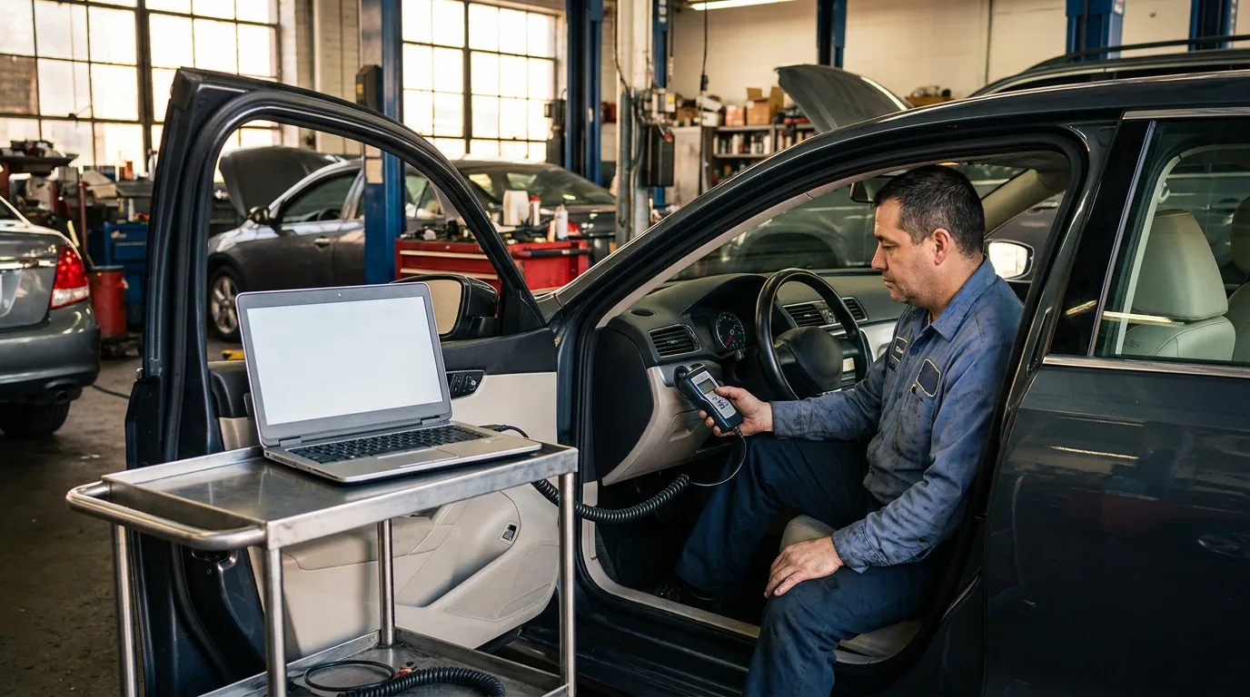 Technician Extracting Event Data Recorder New York Car mechanic using diagnostic scanner inside vehicle at auto repair shop