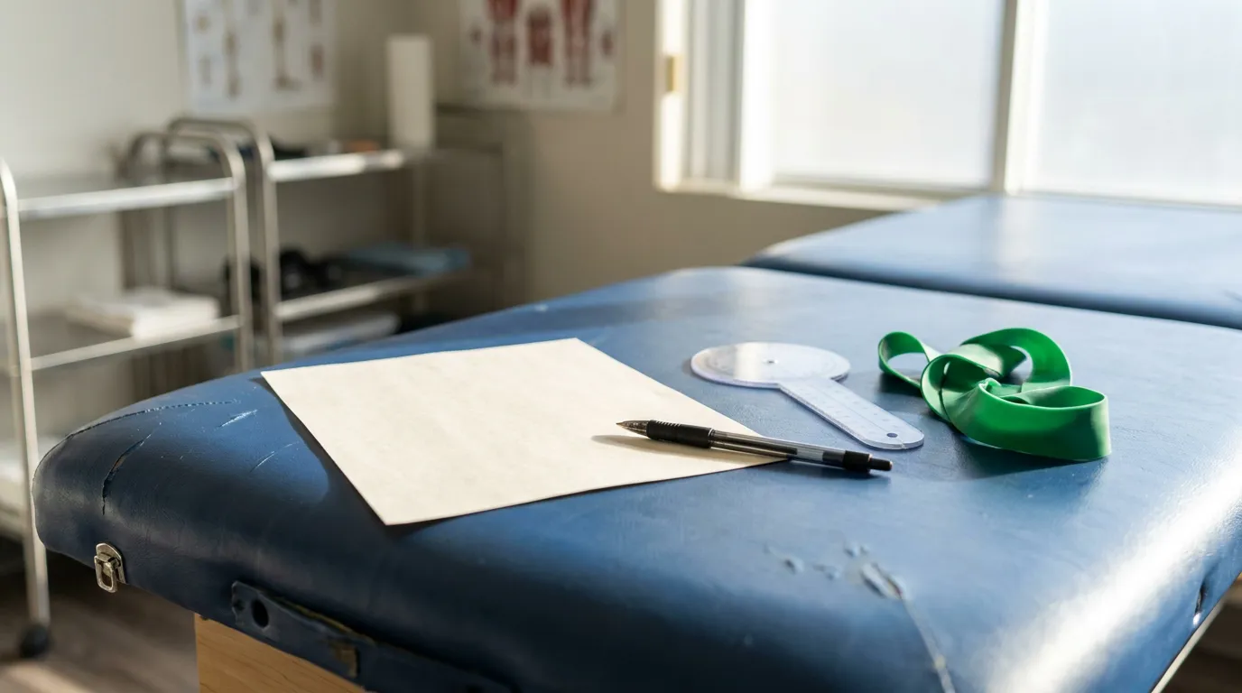 Atlanta Physical Therapy Table With Wc-207 Form physical therapy table with blank form, pen, goniometer, and resistance band