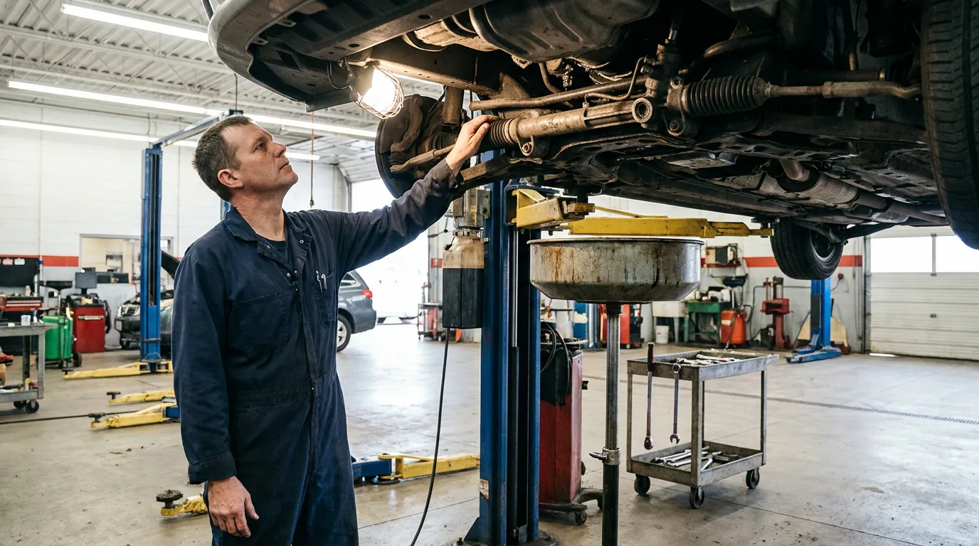 mechanic in coveralls inspecting underside of vehicle raised on hydraulic lift