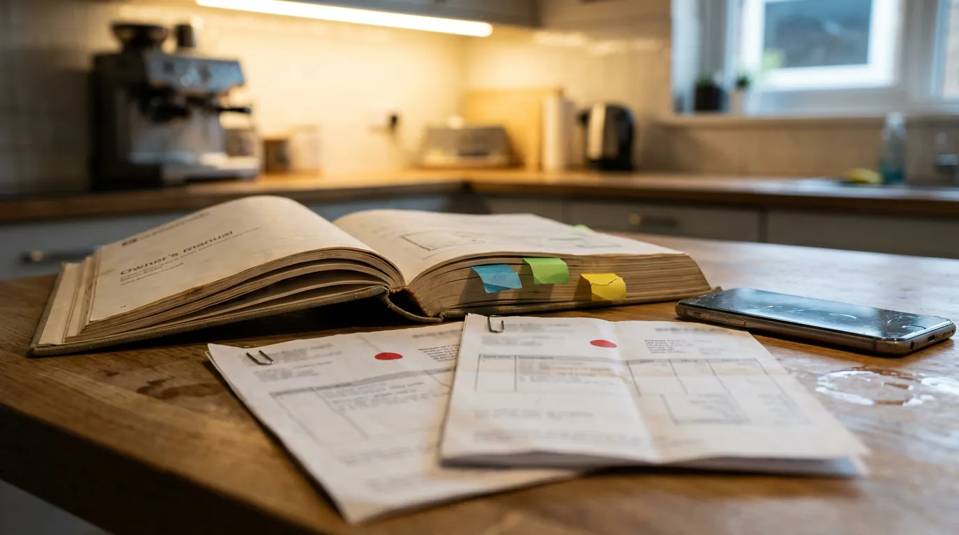 open owner's manual with sticky note tabs beside documents and cracked smartphone on kitchen counter