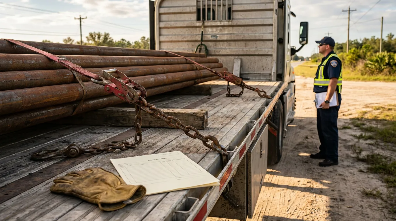 Cargo Securement Inspection Ocala Flatbed Truck inspector in safety vest reviewing flatbed truck carrying chained steel pipes