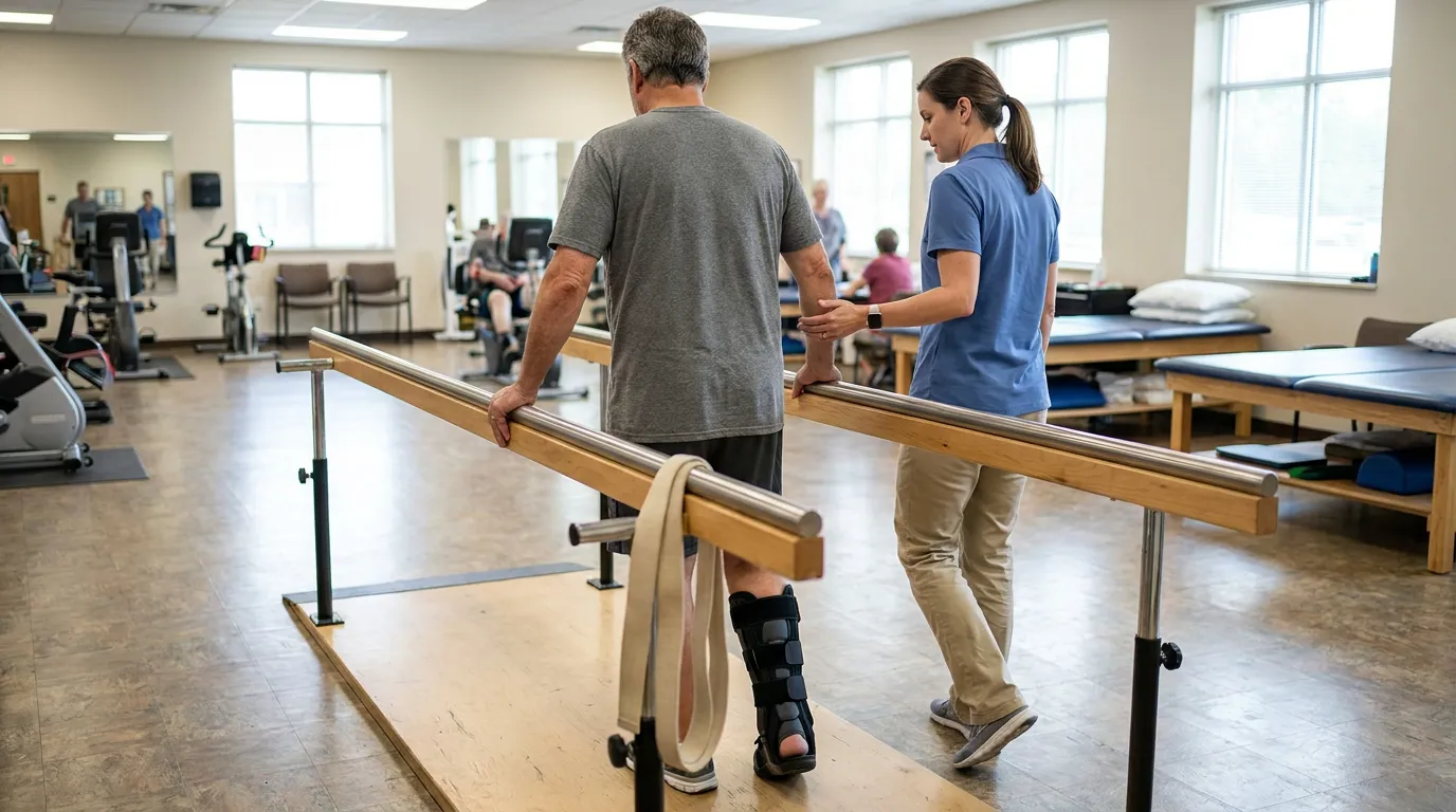 Ankle Fusion Recovery Physical Therapy Atlanta Georgia patient wearing leg brace walking parallel bars assisted by physical therapist in rehabilitation gym