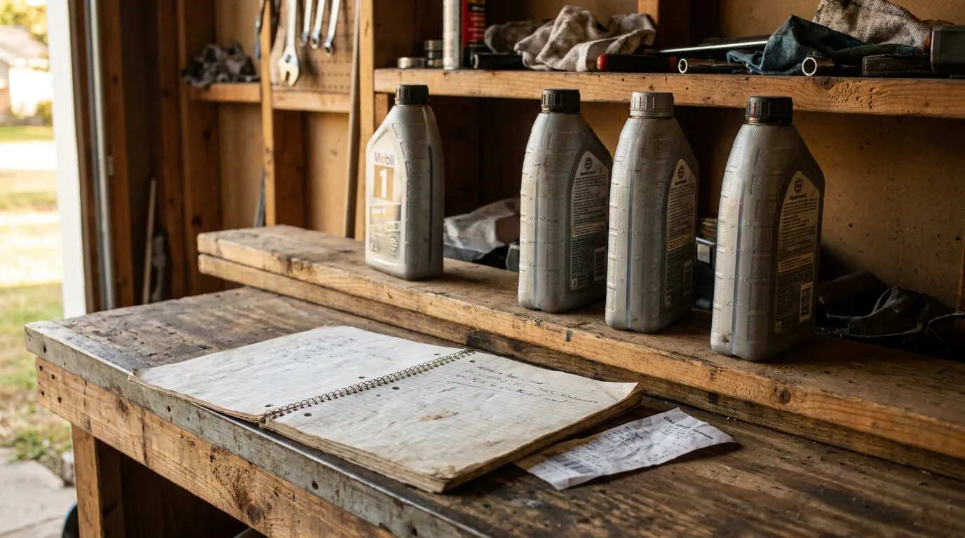 Mobil 1 motor oil bottles and handwritten notebook on garage workbench