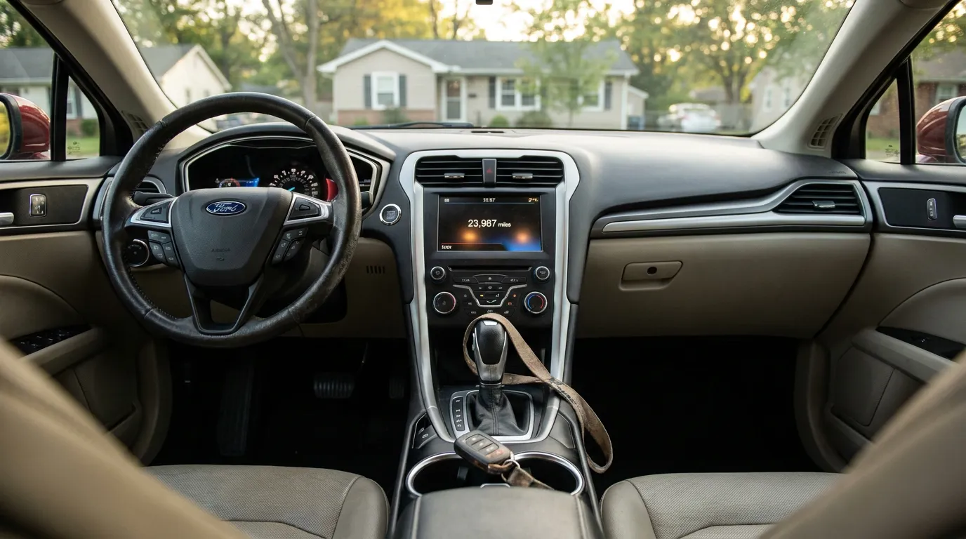 North Carolina Car Odometer Nearing 24000 Mile Limit Ford vehicle interior dashboard showing steering wheel and 23,987 miles odometer reading
