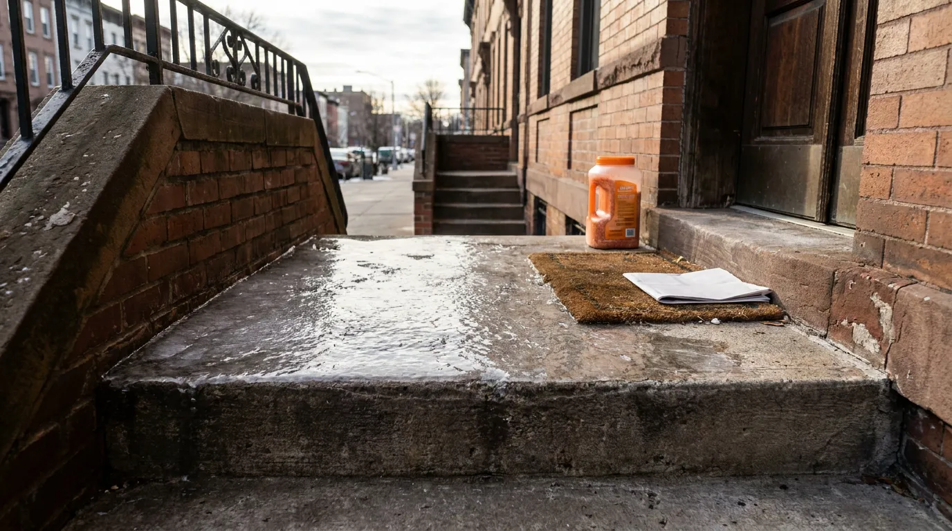 Icy Brownstone Steps New York City icy concrete stoop steps with rock salt container and doormat outside brick building