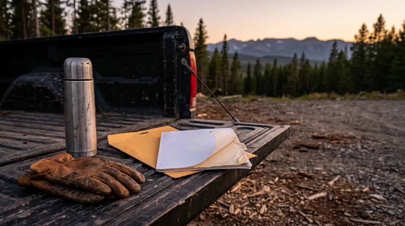 work gloves, thermos, and documents on pickup truck tailgate outdoors