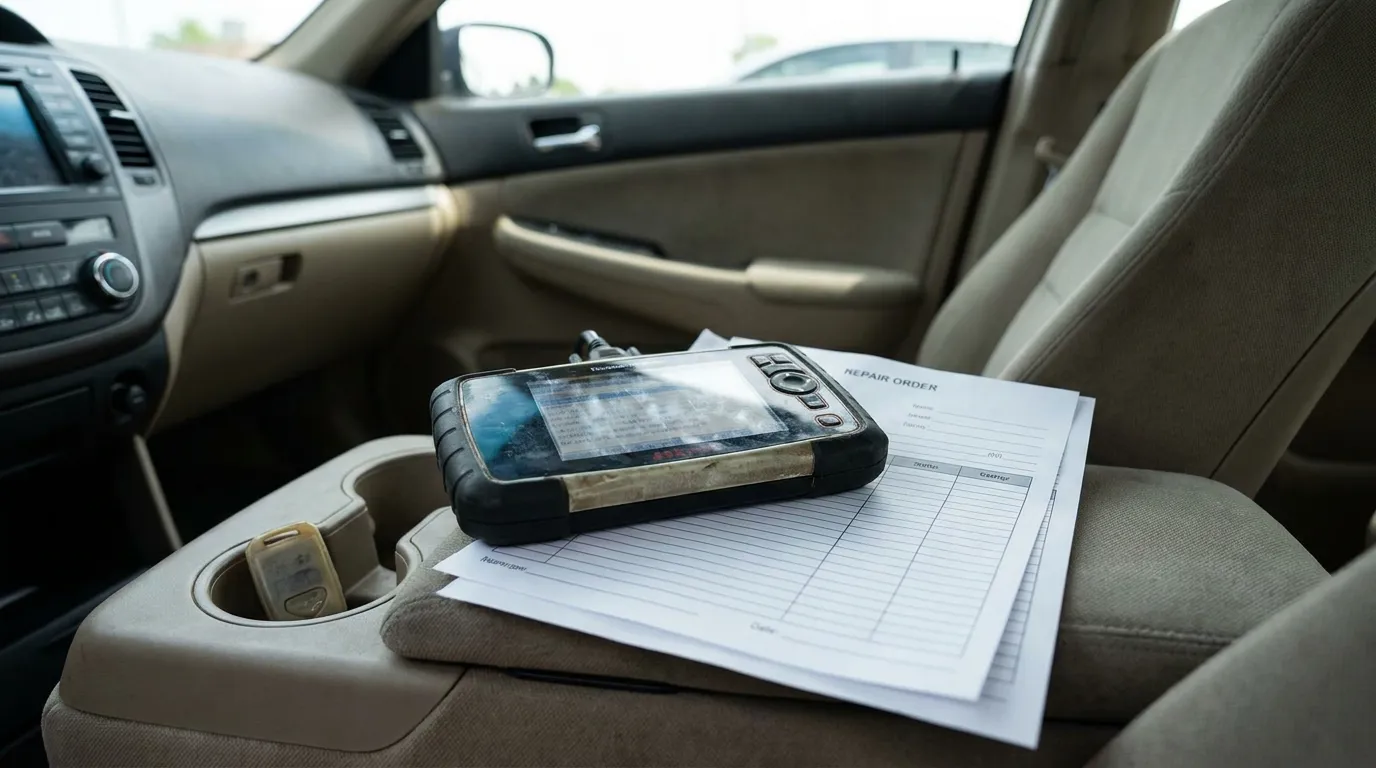 Texas Airbag Repair Order And Diagnostic Scanner OBD diagnostic scanner resting on repair order form inside vehicle seat