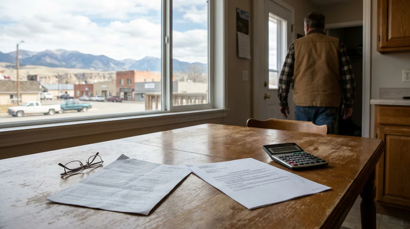 legal documents, glasses, and calculator on wooden table with man in background