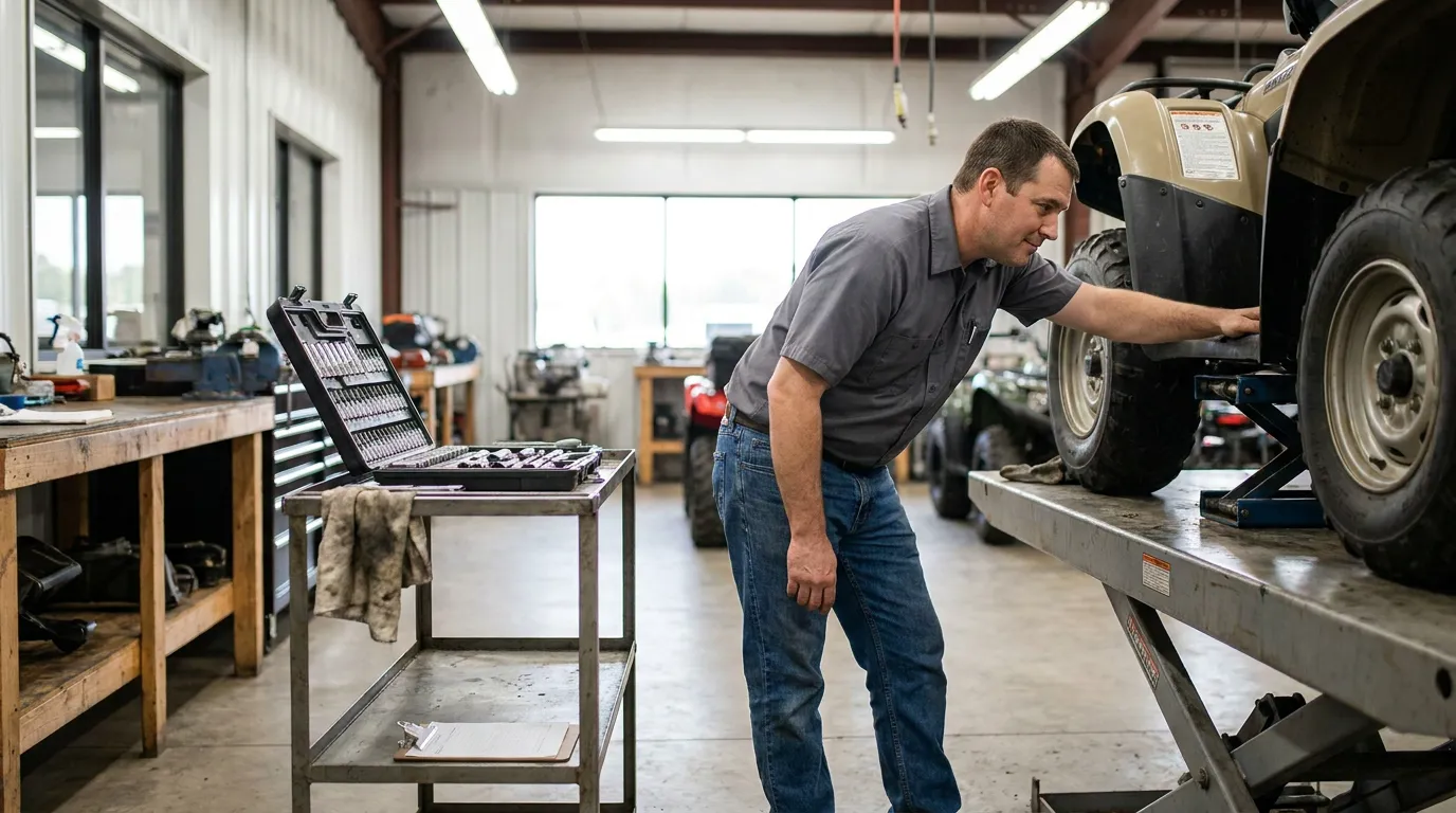 Texas Mechanic Inspecting ATV For Defects mechanic inspecting ATV wheel on lift inside repair shop with tool kit