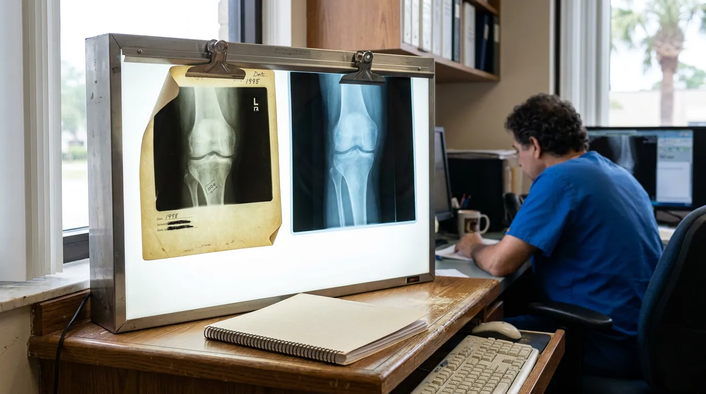 medical professional reviewing knee X-rays on illuminated lightbox in office