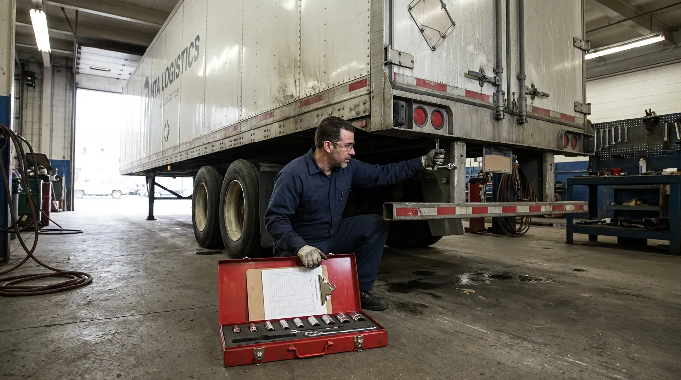 mechanic inspecting semi-truck trailer undercarriage with socket tool set and clipboard nearby