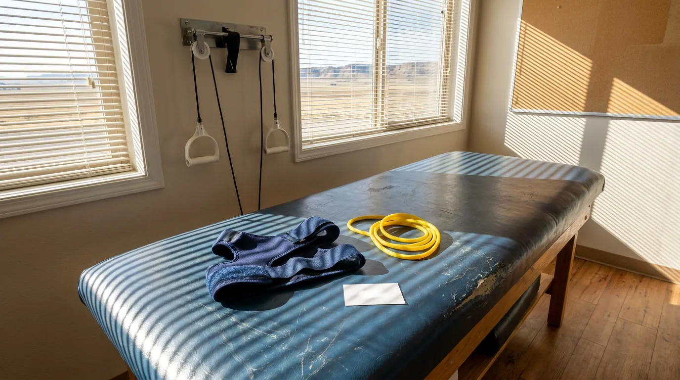 Physical Therapy Room For Rotator Cuff Injury Billings Montana physical therapy table with resistance band, brace, and wall pulley system