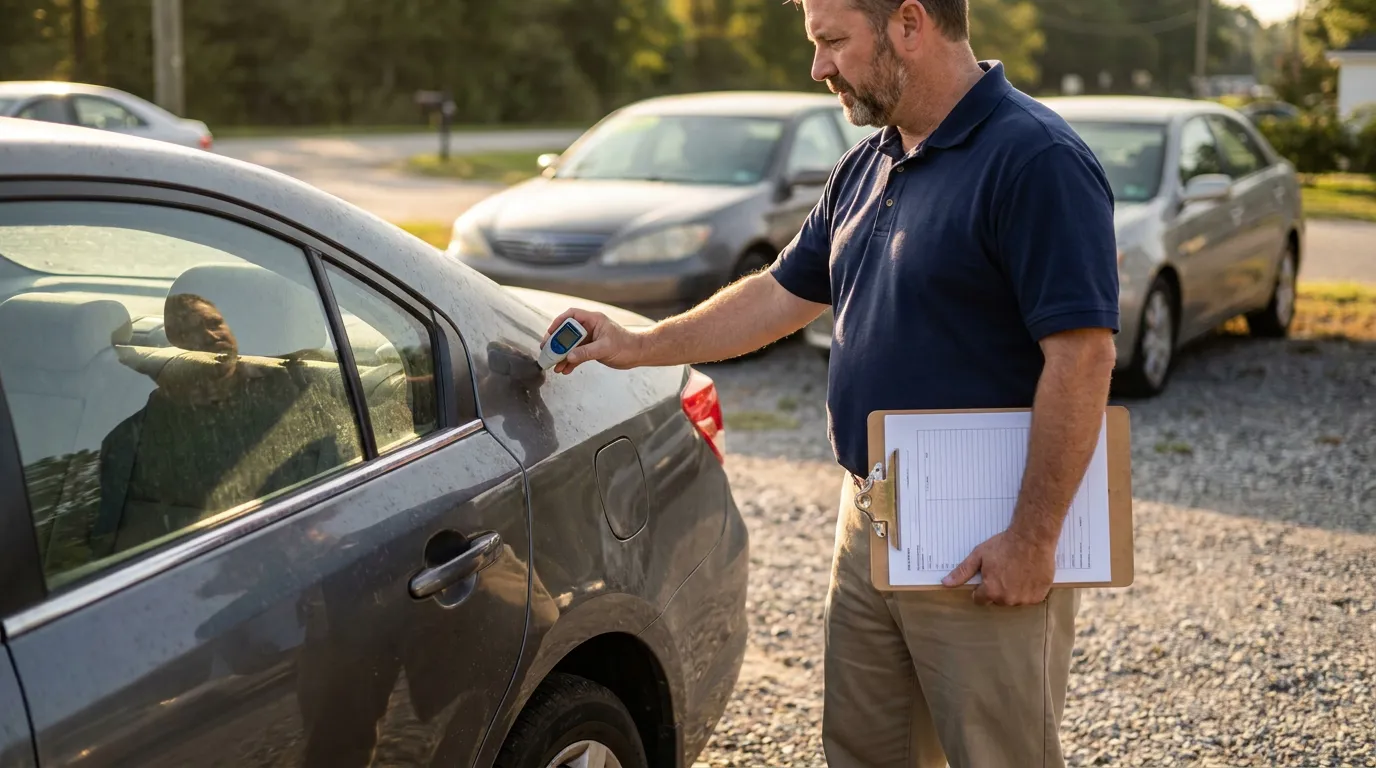 Inspector Assessing Diminished Value Car Atlanta Georgia inspector scanning vehicle door with handheld device while holding clipboard outdoors