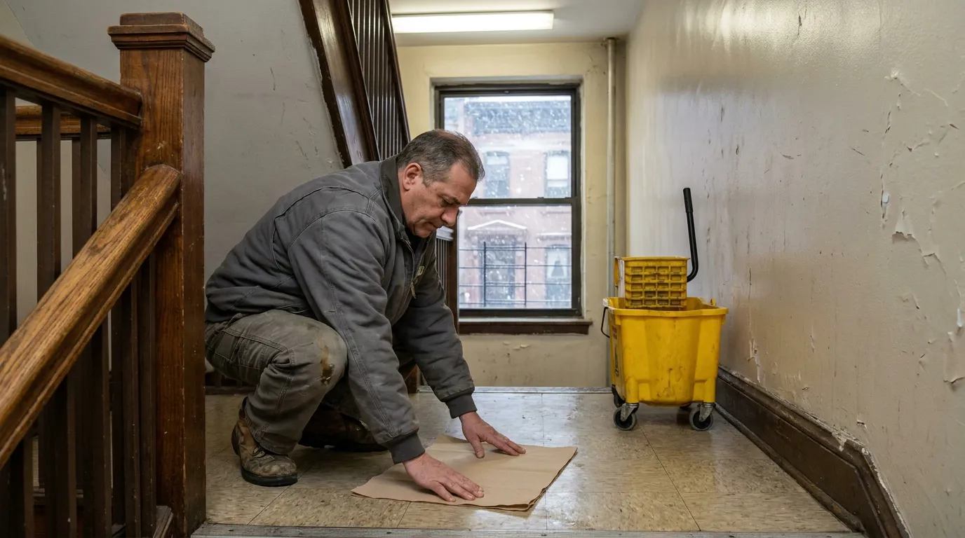 worker kneeling on building hallway floor near staircase and mop bucket