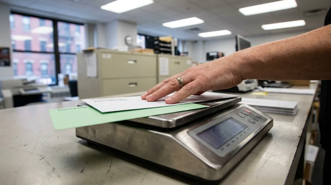Certified Mail Spoliation Letter New York Office hand placing certified mail envelope with return receipt on postal scale