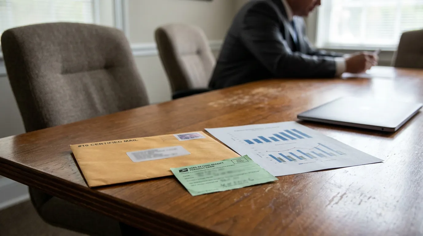 Spoliation Letter Certified Mail Atlanta Truck Accident Lawyer certified mail envelope and USPS return receipt card on conference table with attorney