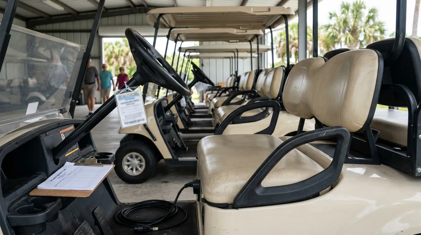 Golf Carts Parked The Villages Florida row of parked golf carts in open storage facility with clipboard on dashboard