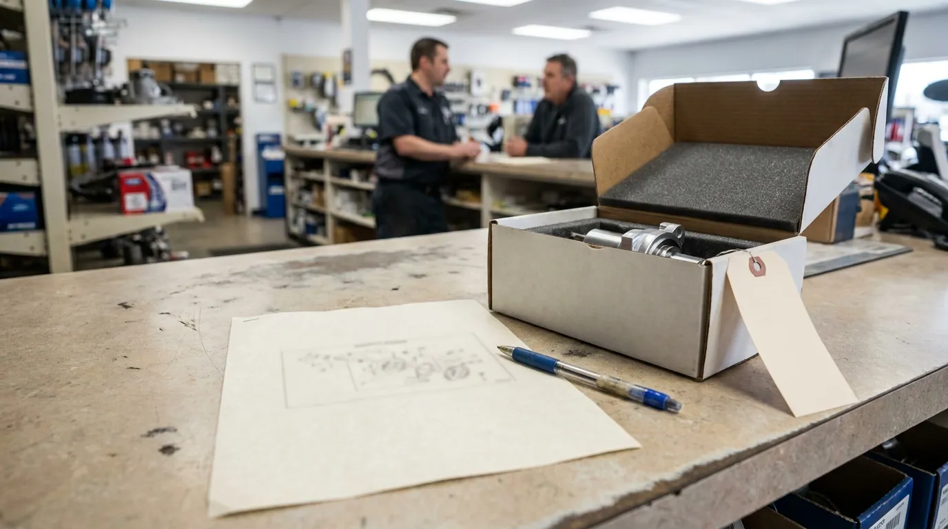 auto parts counter with open box, tagged component, diagram sheet, and pen