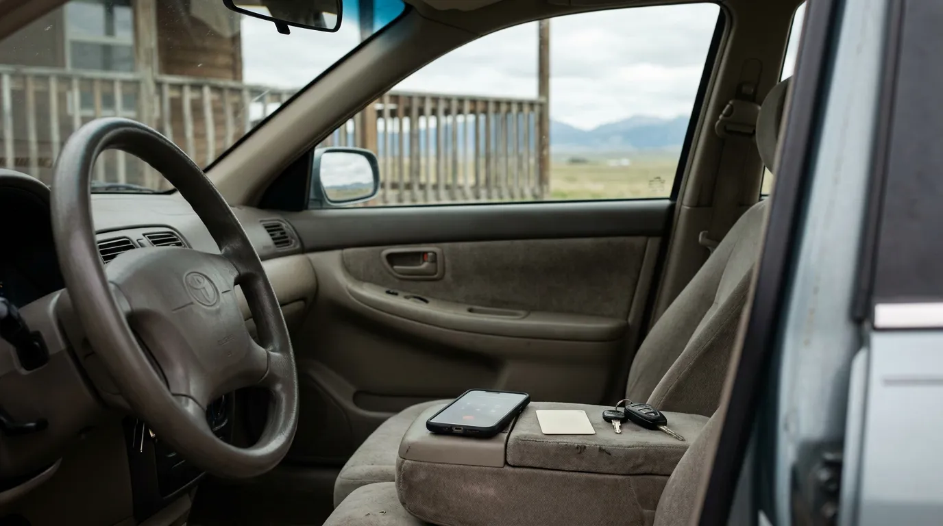 Recording Phone Call Inside Montana Car After Crash Toyota vehicle interior with smartphone and car keys resting on passenger seat
