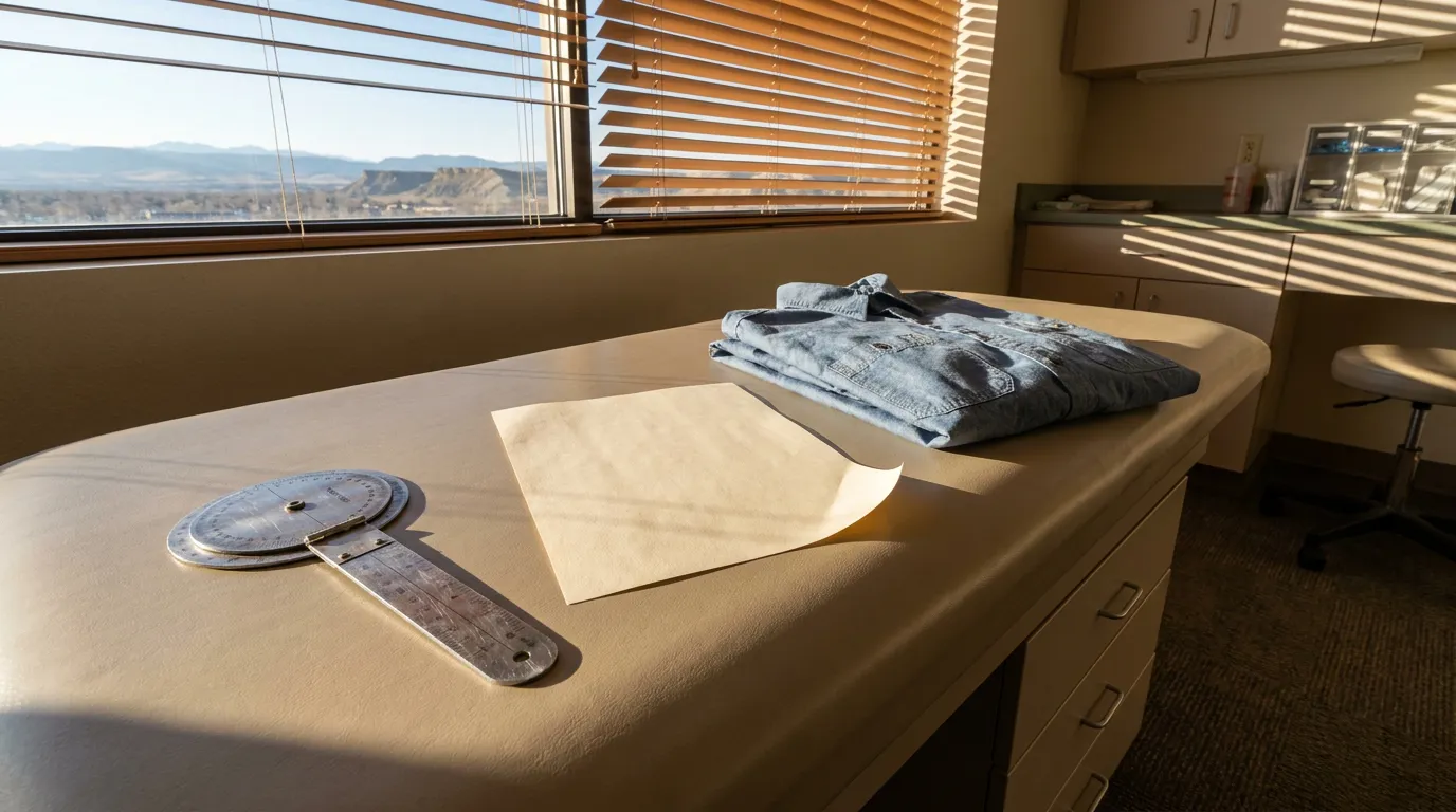 Billings Montana Exam Room Workers Comp MMI Evaluation medical examination table with goniometer, paper sheet, and folded denim shirt