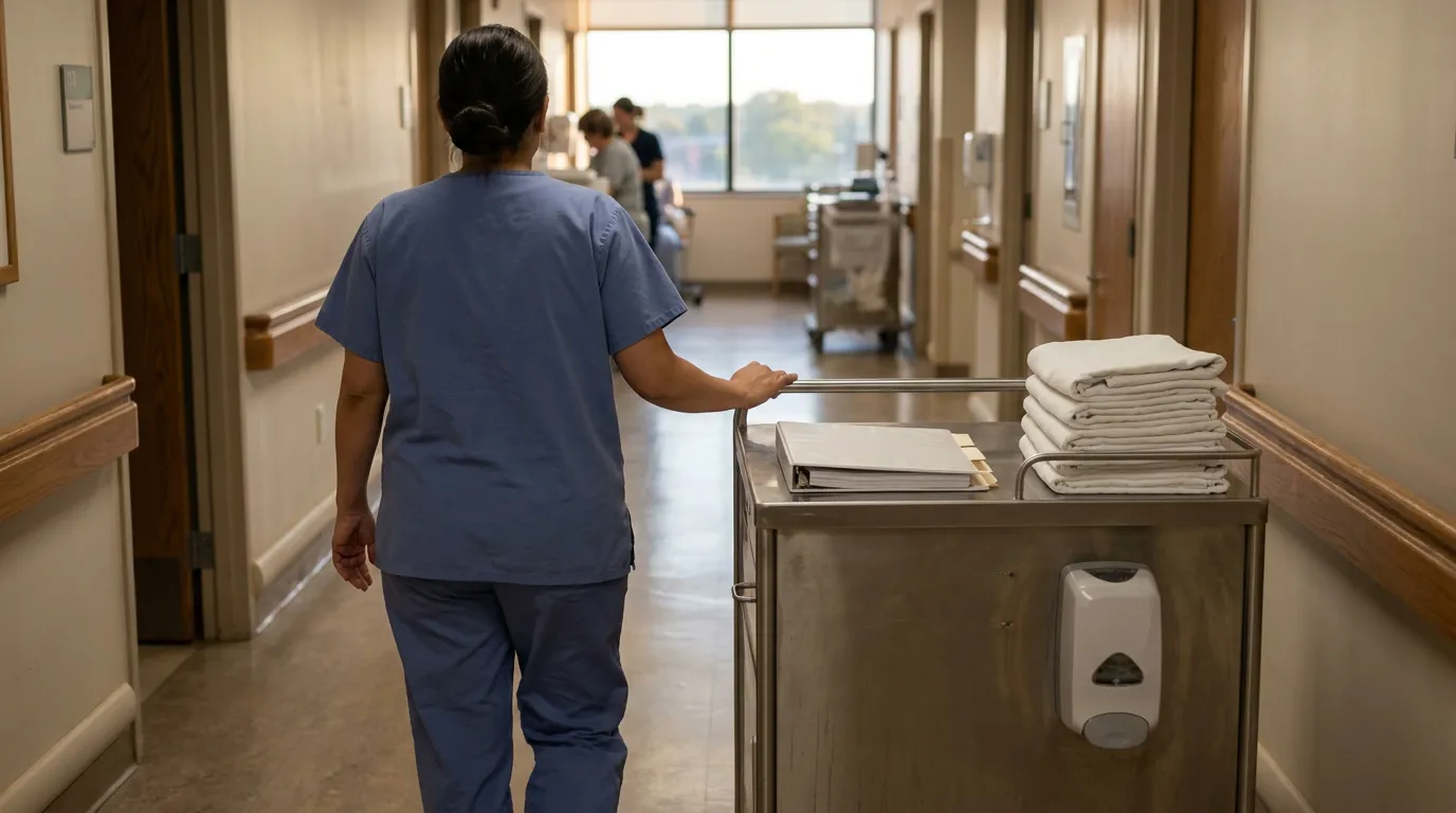 Las Vegas Hospital Corridor Nurse Health Care Decisions nurse in scrubs pushing supply cart with binder and folded linens down hospital corridor