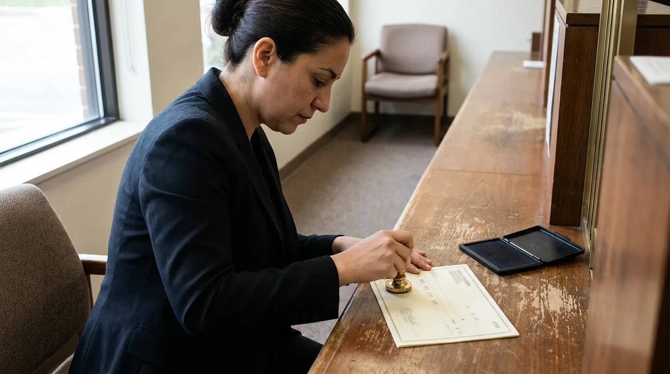 professional woman applying notary stamp to official document at wooden counter